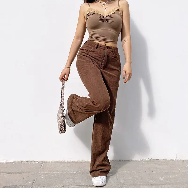 

Vintage Corduroy Pants Womens Solid Brown High Waist Wide Leg Pants Female Harajuku Loose Straight Baggy Pants Casual Trouser