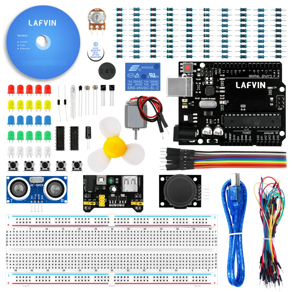 LAFVIN базовый стартовый комплект для Arduino для UNO R3, с макетной платой, светодиодный, резистор, перемычки и блок питания