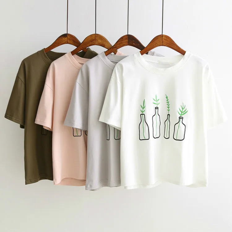 

New Summer Korean Style Women T-Shirt Harajuku Bottle Plants Pattern Kawaii Embroidery Cotton Tee Shirt Cute Tops