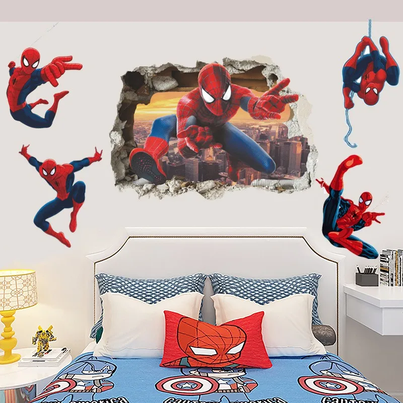 Супермен Человек-паук гигантские настенные наклейки Клейкие для детской комнаты