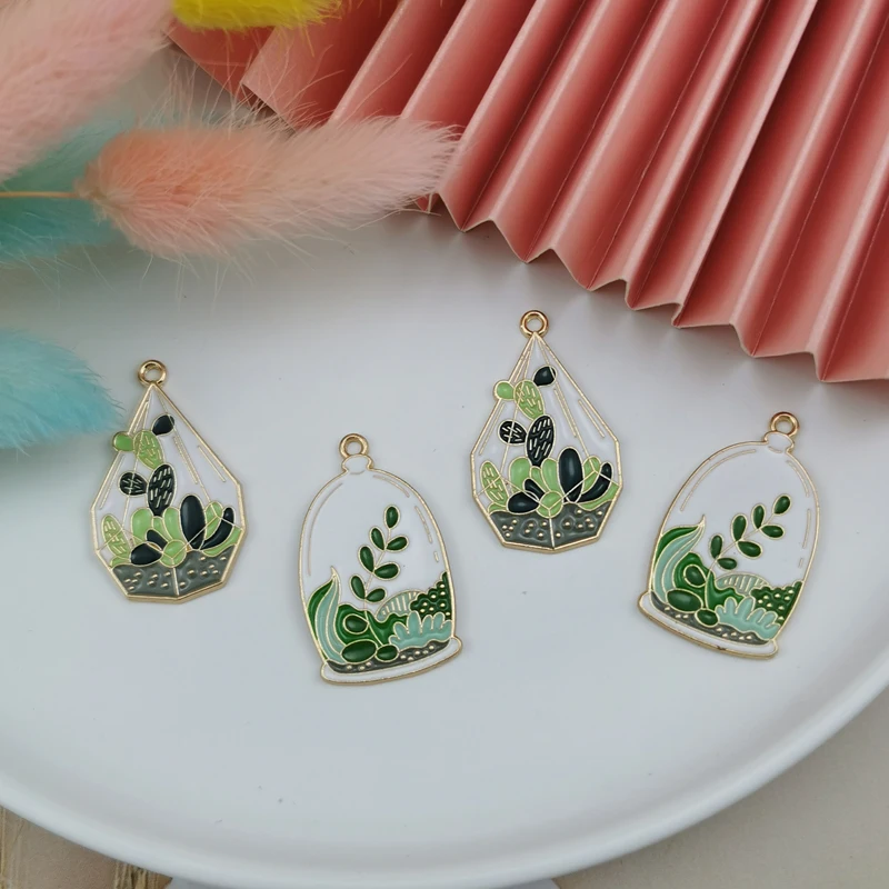 10 шт. эмаль Противоударная заданяя рисунком кактуса в горшке и металлическими