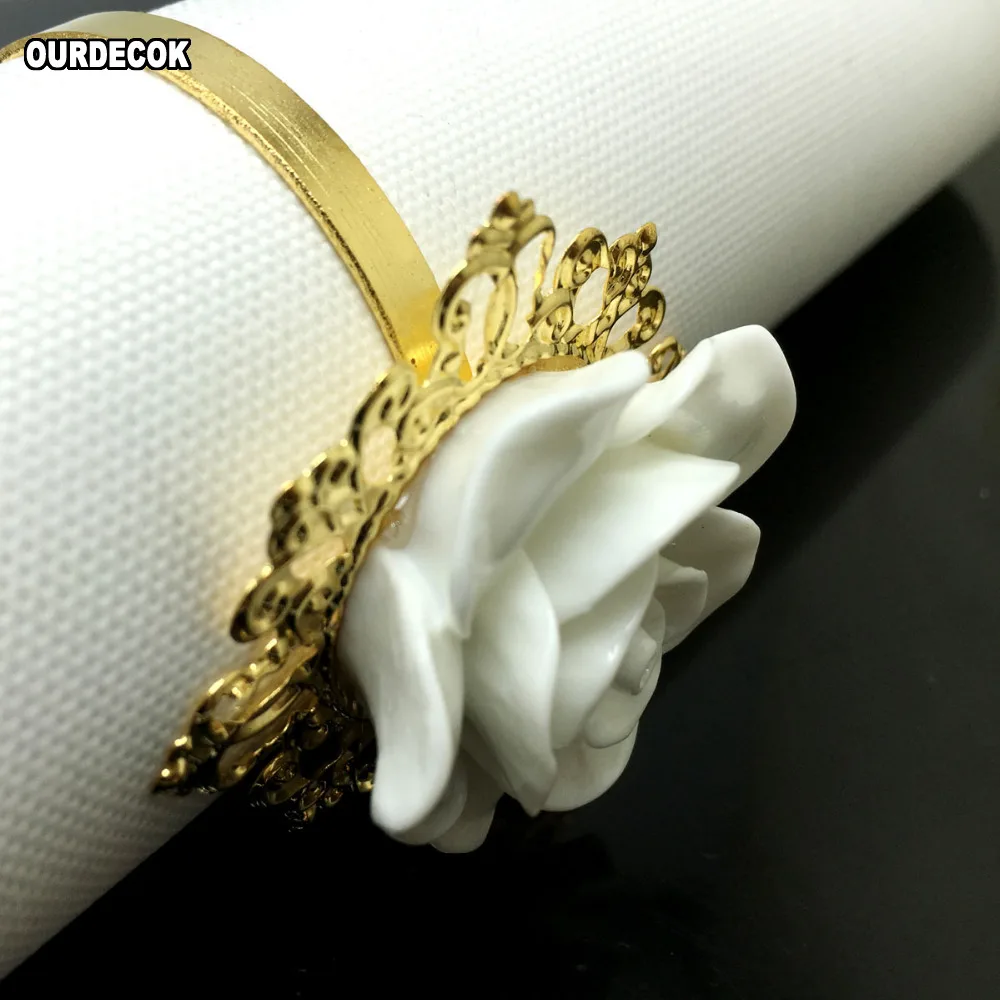 25 шт./лот декоративные золотые кольца держатели для салфеток с розовым цветком