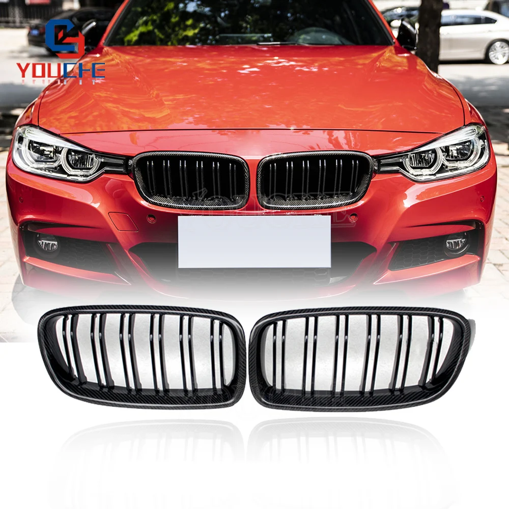 F30 спереди углеродное волокно 2 линии двойной планка Бампер решетка для BMW 3 серии