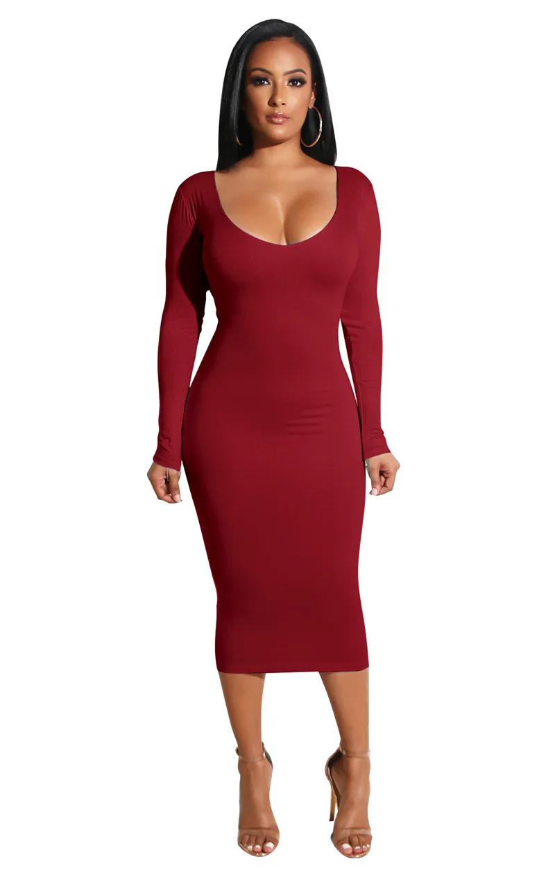 

Long Sleeve Sexy Party Dress Solid Round Collar Autumn Basic Wrap Ruched Slim Winter Fashion Backless Club Bodycon Dress Woman