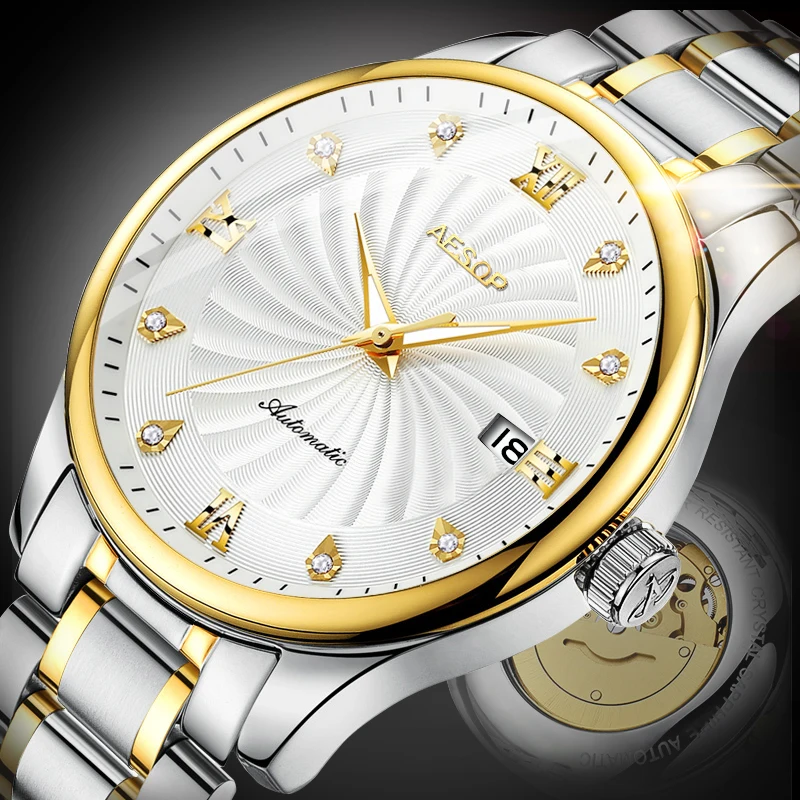 Роскошные мужские часы Aesop золотые автоматические механические наручные из