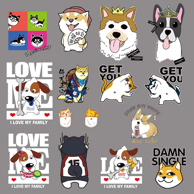 

Set Of Cute Cartoon Lovely Dog Heat Transfers Cartoon Patches For Clothing DIY T-shirt Applique Vinyl Stickers Mom Baby Patches