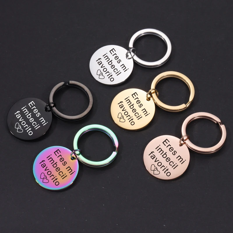 

Fnixtar 10 шт. круглые диски из нержавеющей стали с зеркальной полировкой лазерные брелки Mi Imbecil любимый брелок для женщин мужчин влюбленных авт...