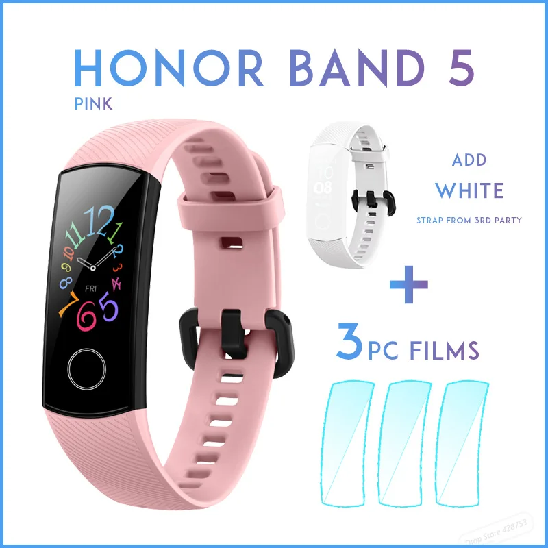 PNK add WHT strap Смарт-браслет huawei Honor Band 5 с кислородом крови, цветной сенсорный экран, монитор сердечного ритма, сна, сна - Цвет: PNK add WHT strap