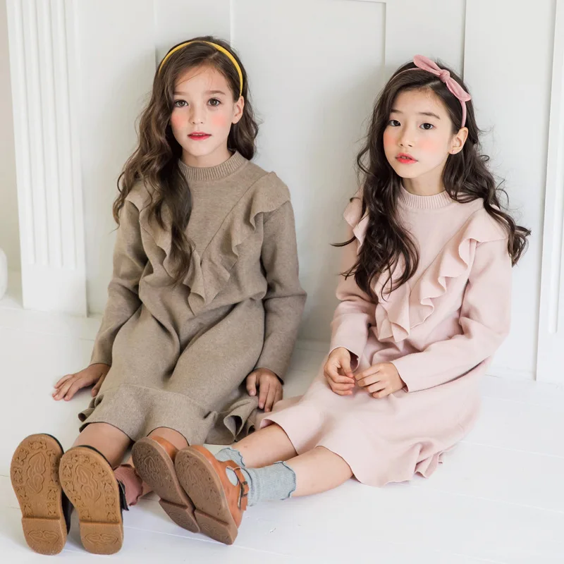 

Sweet Solid Sweater Dress for Girls Knitted Bottoming Clothes Long Sleeve Ruched Designed Ruffle Dresses Child Simple Costume