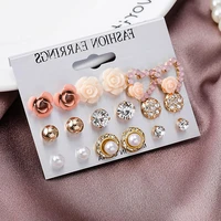 9 pairsset exquisite resin acrylic flower stud earrings womens gift pearl crystal womens jewelry earrings elegant wedding