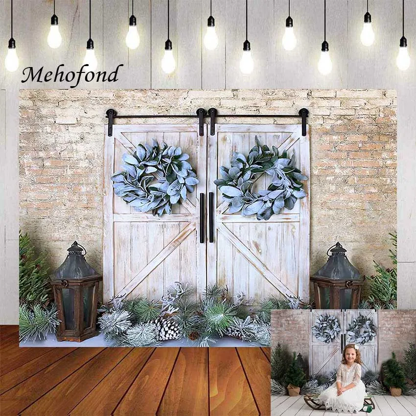

Mehofond Christmas Wooden Door Photography Background Brick Wall Wreath Family Kids Portrait Decor Backdrop Photo Studio Props