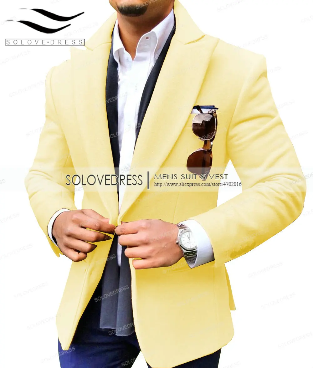 Yellow Коричневый пиджак для мужчин, для отдыха, шерсть, твид, балзер, формальный, нотч, с отворотом, Бизнес Стиль, приталенный смокинг, Женихи, для мужчин, зимнее пальто - Цвет: Yellow