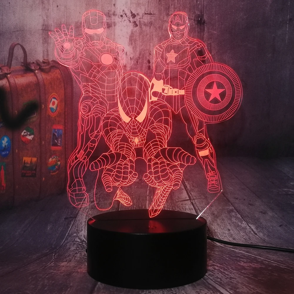 С рисунком «мстители» от Marvel Comics Железный человек Человек-паук Капитан Америка 3D светодиодный ночной Светильник детские игрушки Рождественский подарок настольная лампа Украшения в спальню