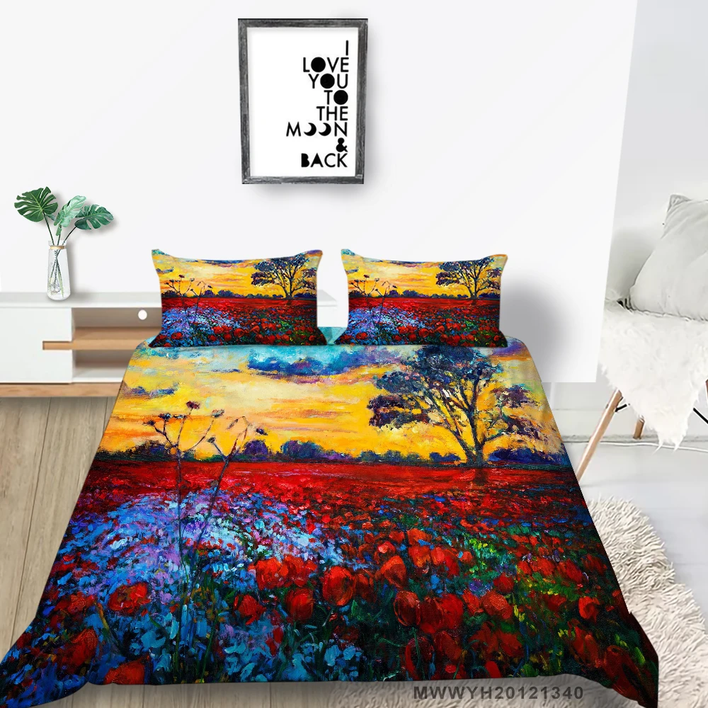 

Red Flower Field Bedding Set Double Artistic Lifelike Duvet Cover Set King Queen Full Twin Single Bed Set Landscape