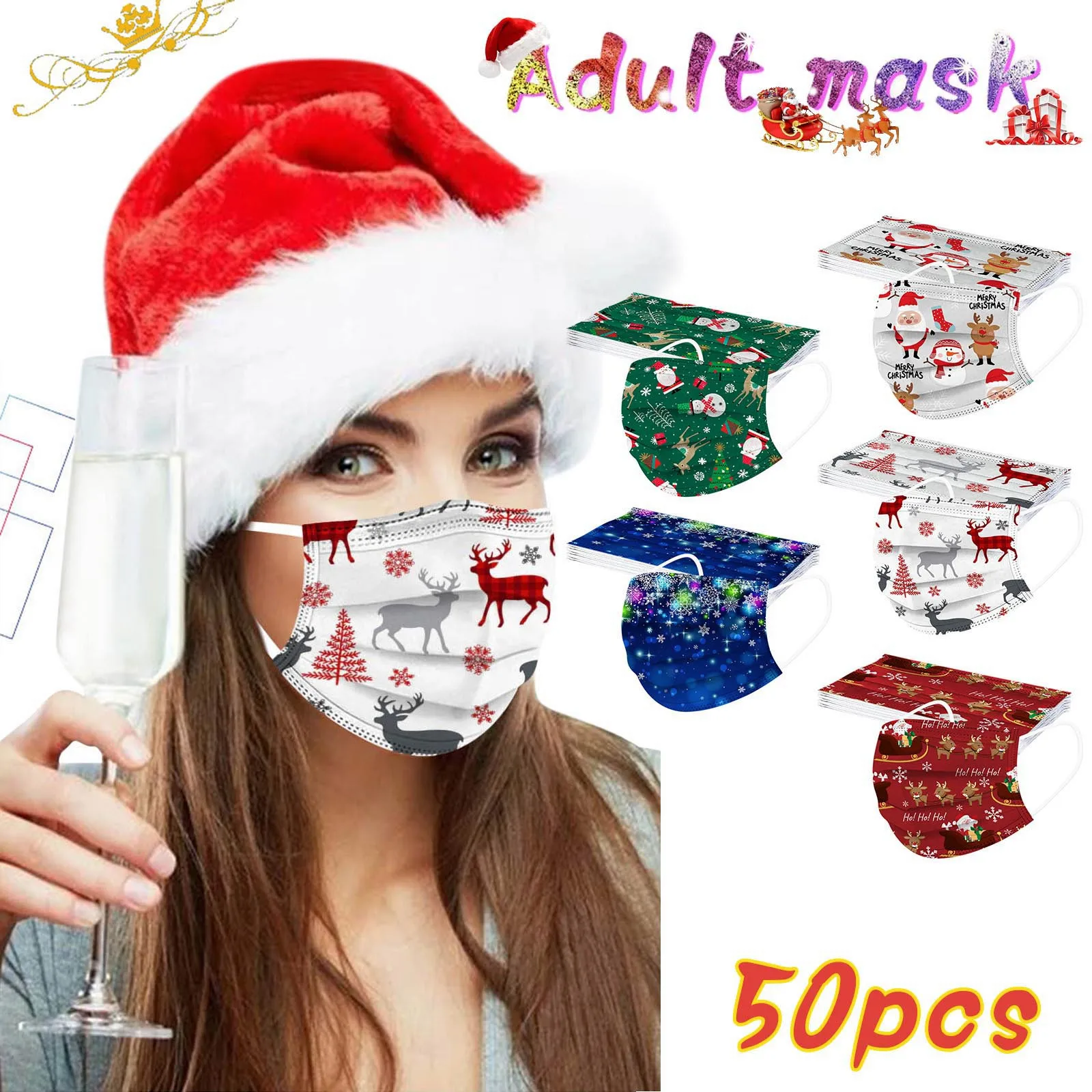 

50pc Adult Christmas Disposable Mask Women Face Masks Industrial 3ply Mask Dustproof Filter Pm2.5 Masks Earloop Bandage Masque