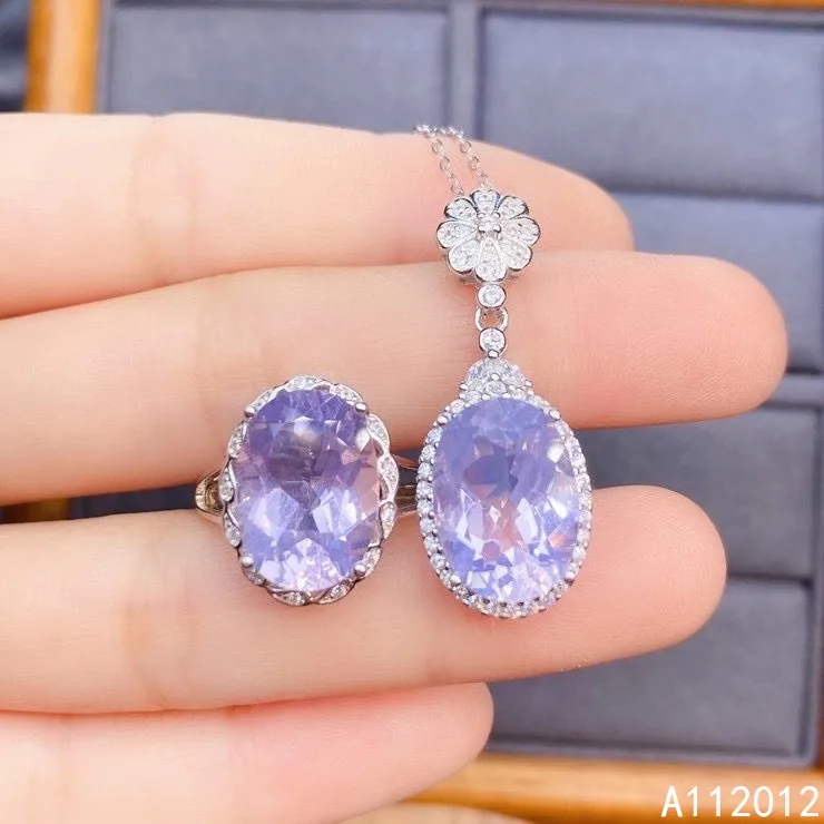 KJJEAXCMY fine jewelry natural Amethyst 925 sterling silver trendy girl new pendant necklace ring set support test with box
