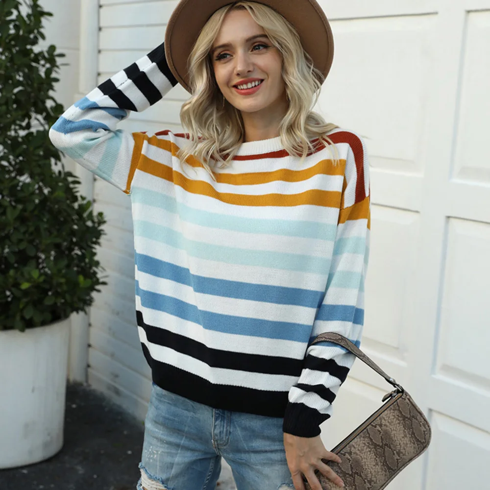 

Spring Autumn Warm Sweater Loose pullovers Women Color Stripe Sweater Woman Knitted Top Casual O-neck Knitting Sweaters
