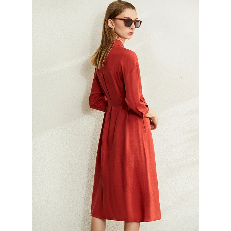 

AMII Minimalism Spring Summer Solid High Waist Women Dress Causal Lapel Belt Single-breasted Knee-length Dress 12070042