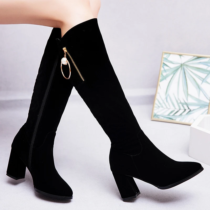 Rimocy Faux Suede High Heels Boots Women Fashion Pearl Decoration Black Knee Woman Warm Inside Plus Size Shoes Female | Обувь