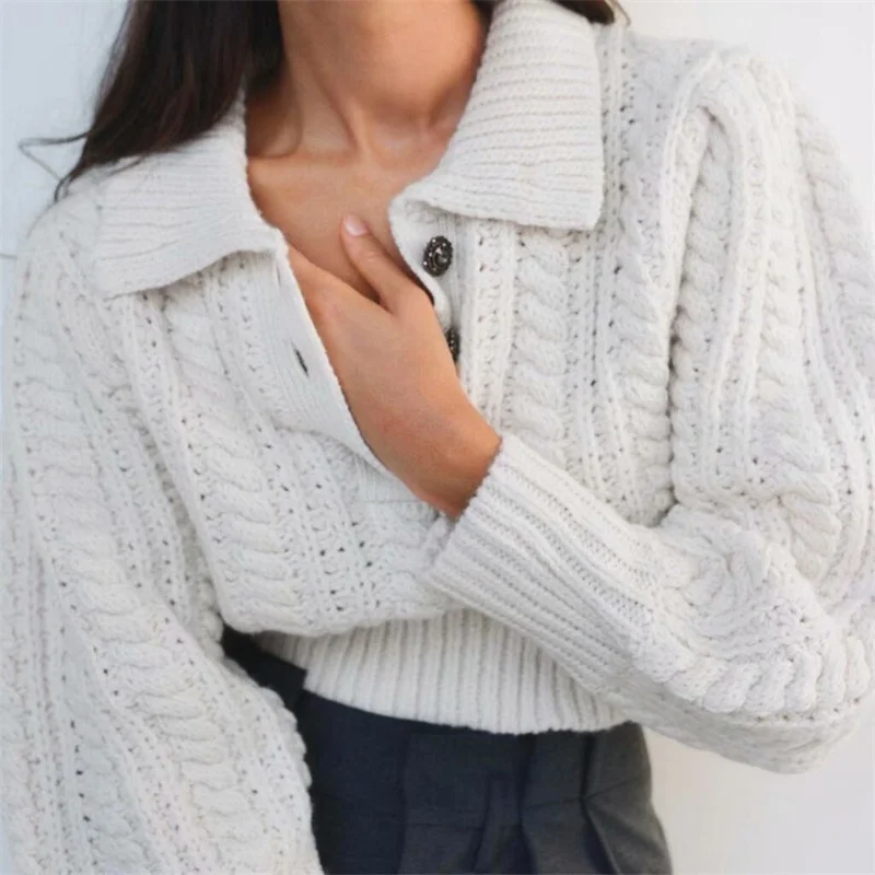 

Women Autumn Casual Wool Sweaters Female Fashion Jewelry Button Thick Knitwear Chic Ladies Short Pullover Tops