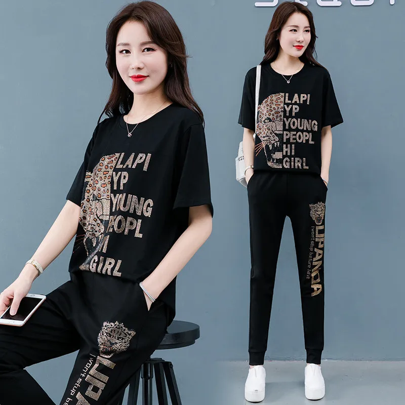 

Large Size Women Summer Fashion Animal Print Diamond T-Shirt+Pants 2021 Black Round Neck Short Sleeve Tops Casual Suit 001