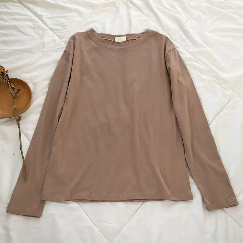 Milk tea color 22 Однотонная футболка с длинным рукавом Женская Kpop шикарная свободная хлопковая Футболка с круглым вырезом черная Harajuku Kawaii простая Базовая футболка Femme - Цвет: Milk tea color