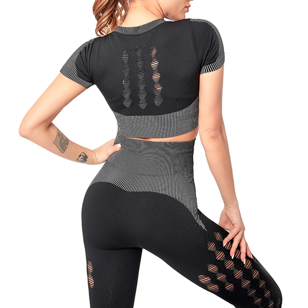 

Women Sexy Short Sleeve Crop Top Hollow Out Mesh Pants Tracksuit Sports Outfit Short Pants Sports Pants for women Tracksuit 2020