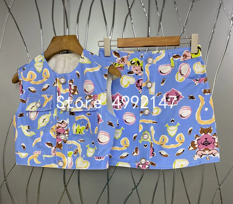 2021 summer women print blue skirt set pearl button o-neck sleeveless single breasted top + mini pencil skirt 2 pieces set y620