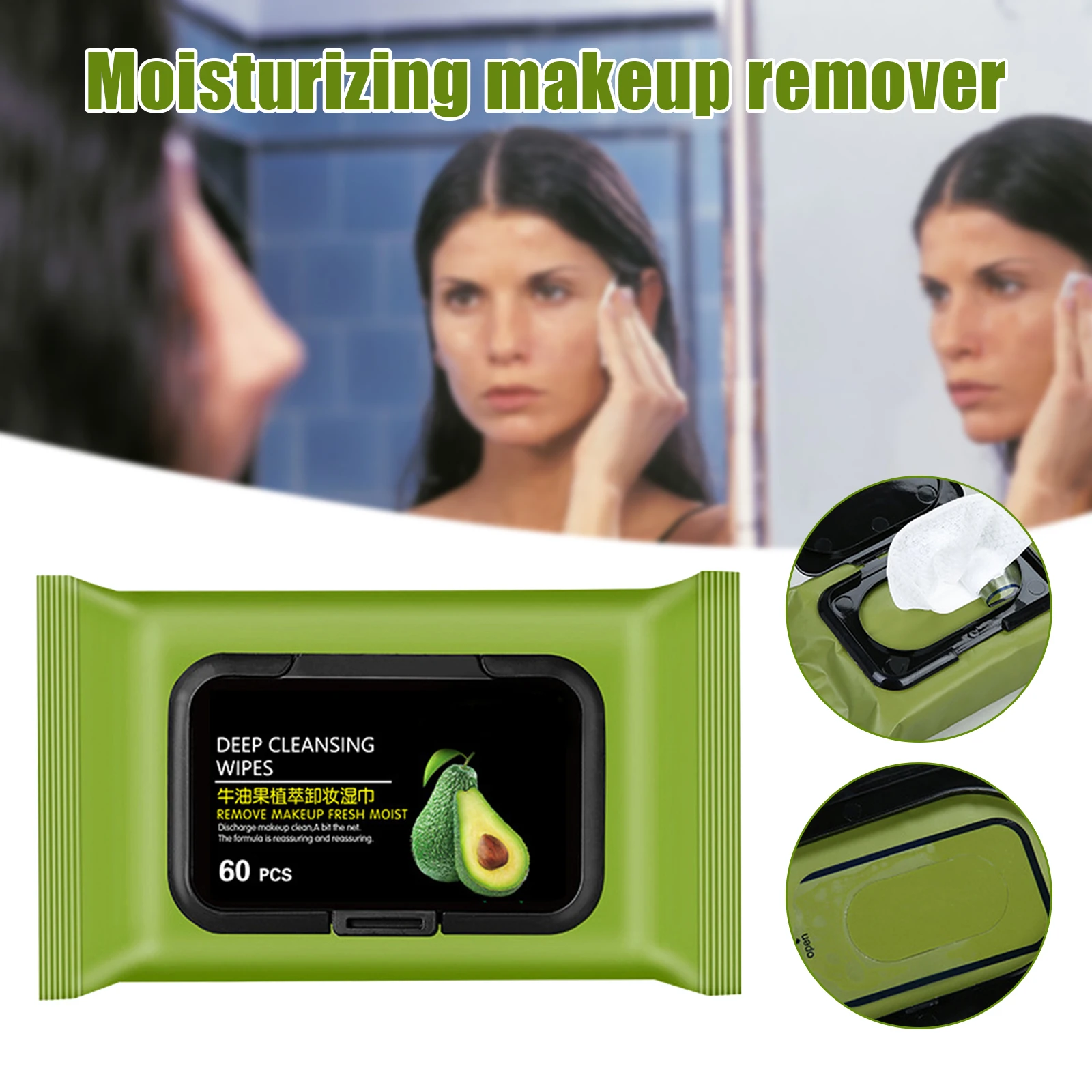 

60Count/Pack Avocado Makeup Remover Wipes Pure Cotton Gentle Deep Cleansing Facial Makeup Remover BUTT666