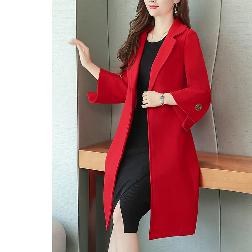 Женское длинное пальто на пуговицах элегантное шерстяное с отложным воротником