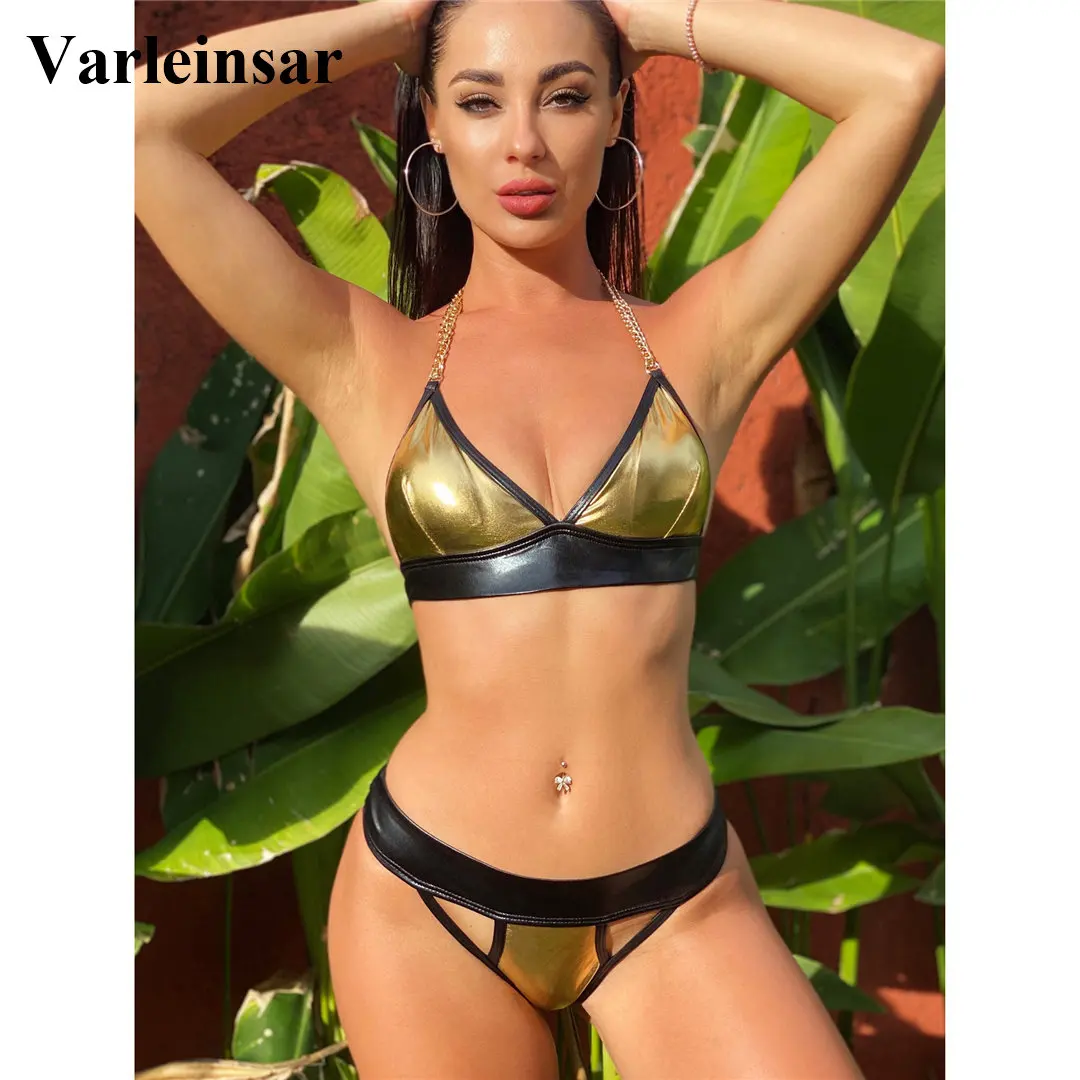 Женский купальник бикини из искусственной кожи с металлической лямкой на шее
