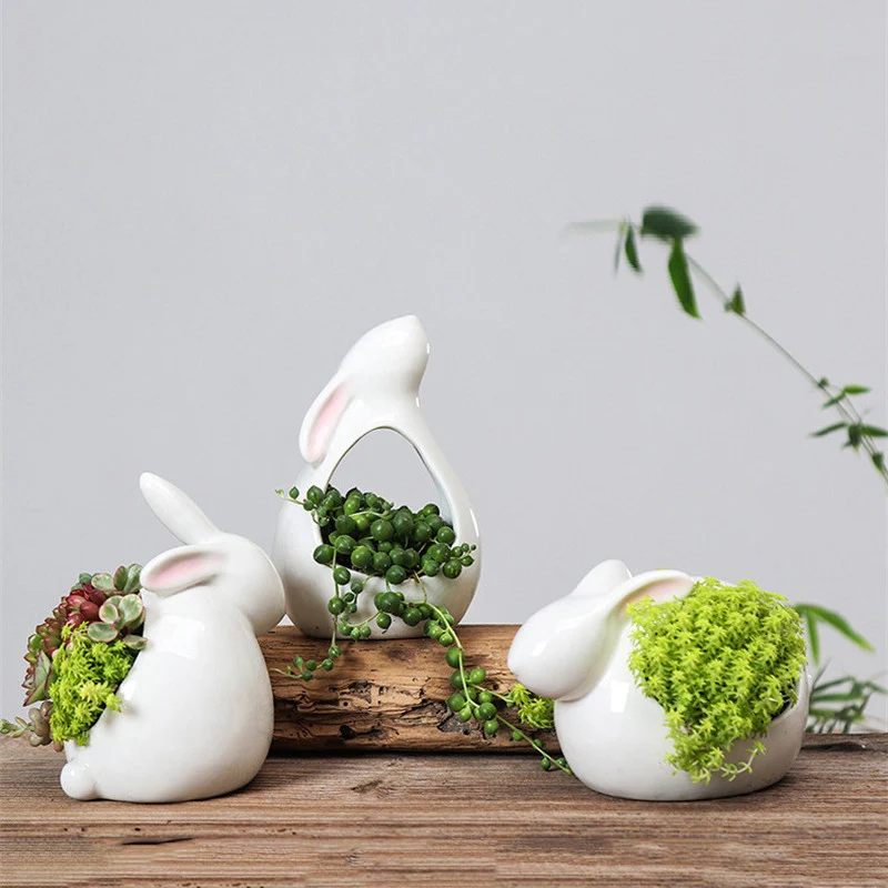 Cartoon Rabbits White Ceramic Succulent Planter Bonsai Cactus Flower Pot Vase Holder Decorative Organizer Home Garden Decoration