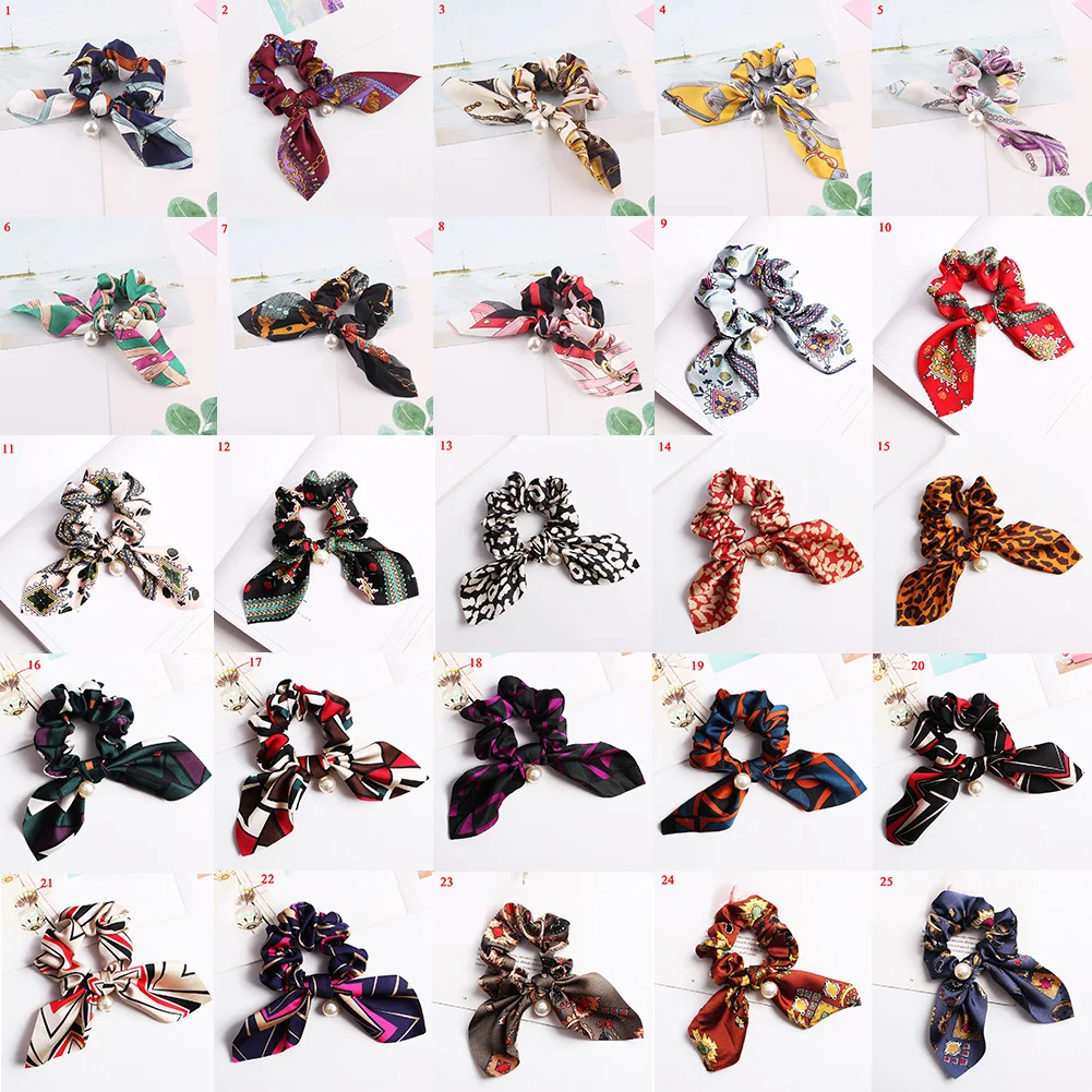 Floral Printed Bow Streamer Scrunchies With Pearl Ponytail Hair Rope Ties |