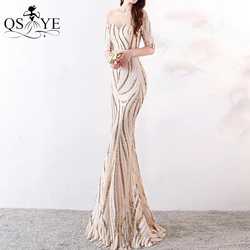 

QSYYE Wave Sequin Evening Dresses Mermaid Short Sleeves Illusion Neck Evening Gown Gold Sequin Champagne Formal Party Dress