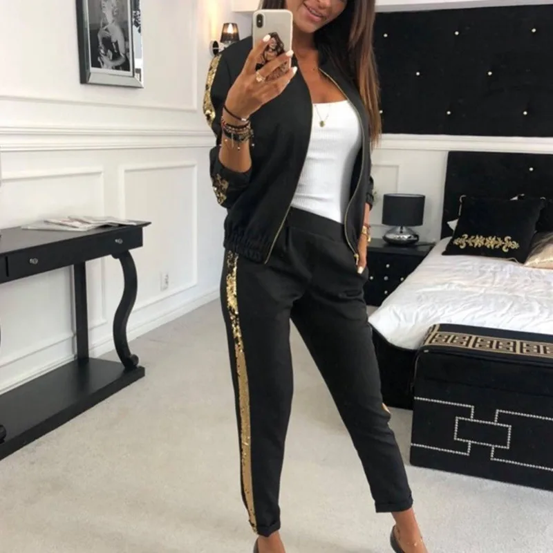 

2020 Autumn New Products Fashion Casual Sequin Stitching Jacket Trousers Sports Suit Women 2 Piece Set Wn*