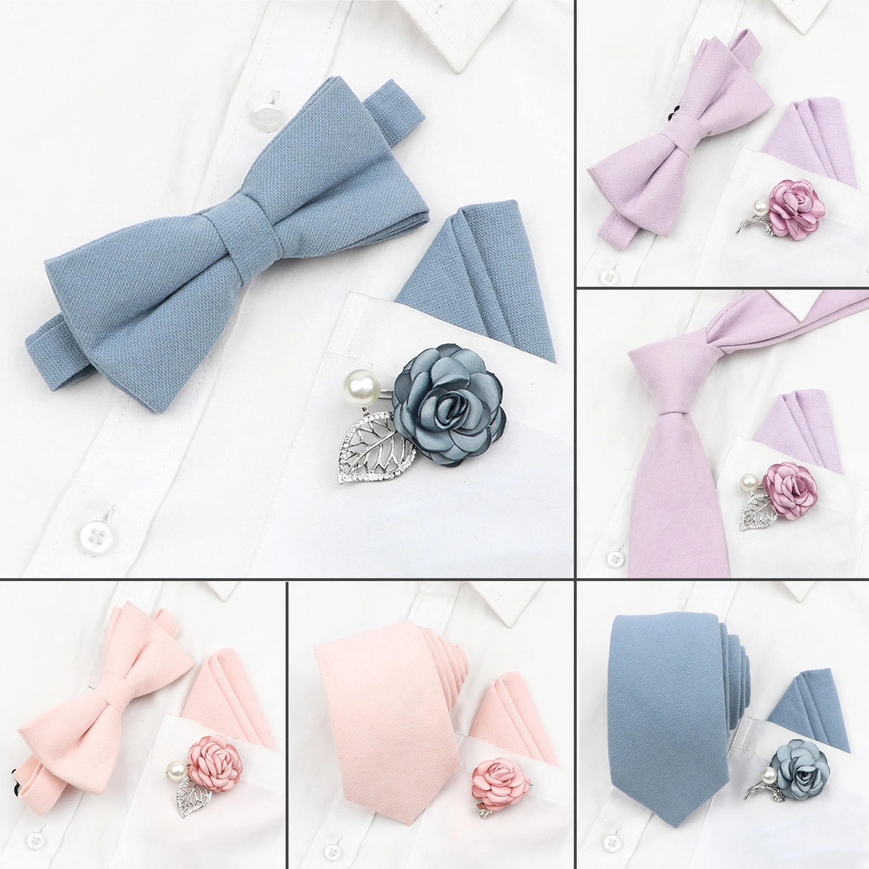 Beautiful Tie Bowtie Set Peach Pink Blue Solid Color 7cm Cotton Necktie Cloth Art Fabric Flower Brooch Wedding Groom Hot Gift