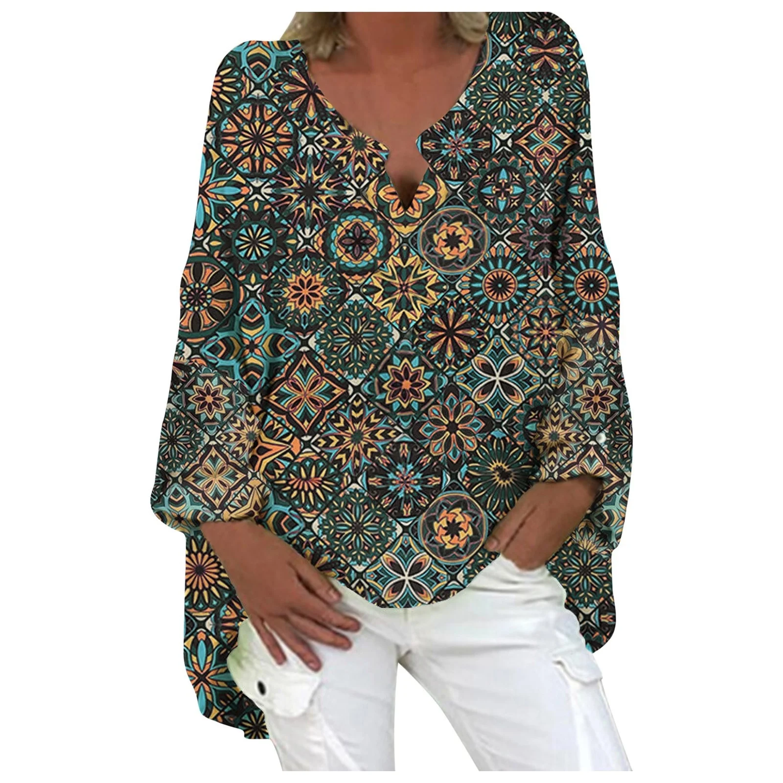 

Women Casual Long Sleeve Cotton and Linen Loose Blouse Spring V Neck Print Irregular Shirt Vintage Oversized Tops Oversized