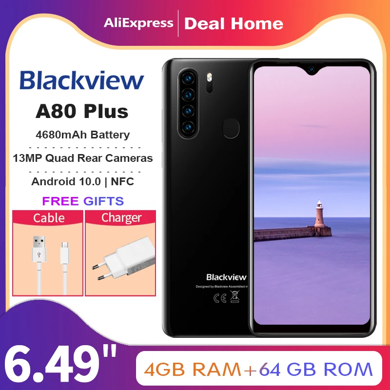 Blackview A80 плюс 6 49 дюймов 4 Гб + 64 13MP Octa Core Quad сзади Камера 4G 4680 мАч NFC мобильный телефон