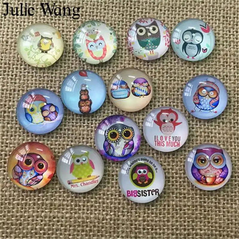 

Julie Wang 8-30mm Glass Owl Cabochons Round Colorful Bird Photo Random Mixed Demo Fat Back Jewelry Making Accessory findings