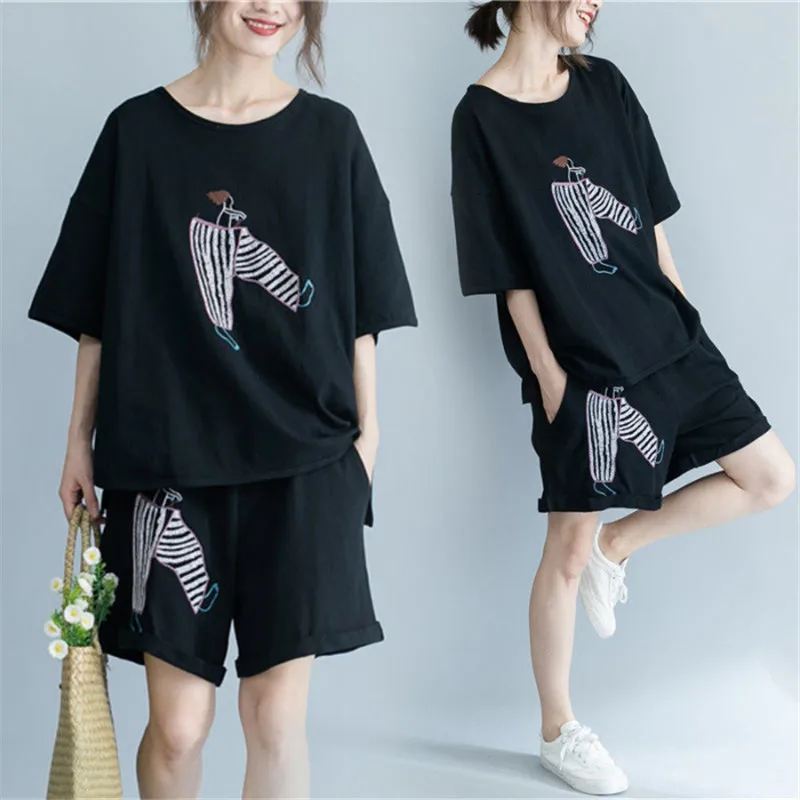 

Summer Tracksuit Women 2 Two Piece Set Short Sleeve O-Neck T-shirt Top And Shorts Suits Print Loose Casual Plus Size Clothing