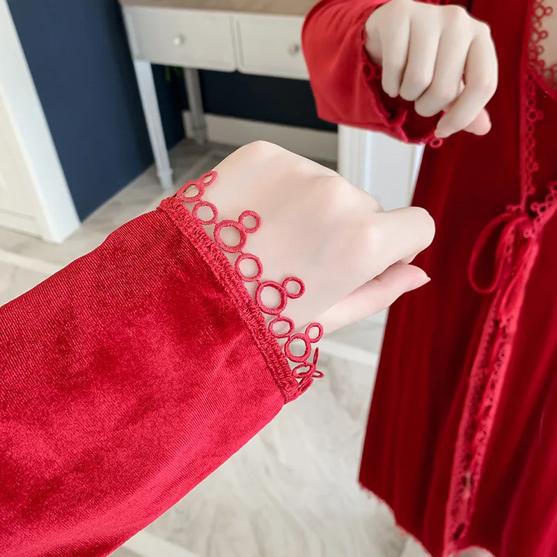 

Women Burgundy Velour Robe Gown Set Spring Autumn Bathrobe Pajama Set 2pcs Solid Kimono Nightdress Sexy Sleepwear Nightwear