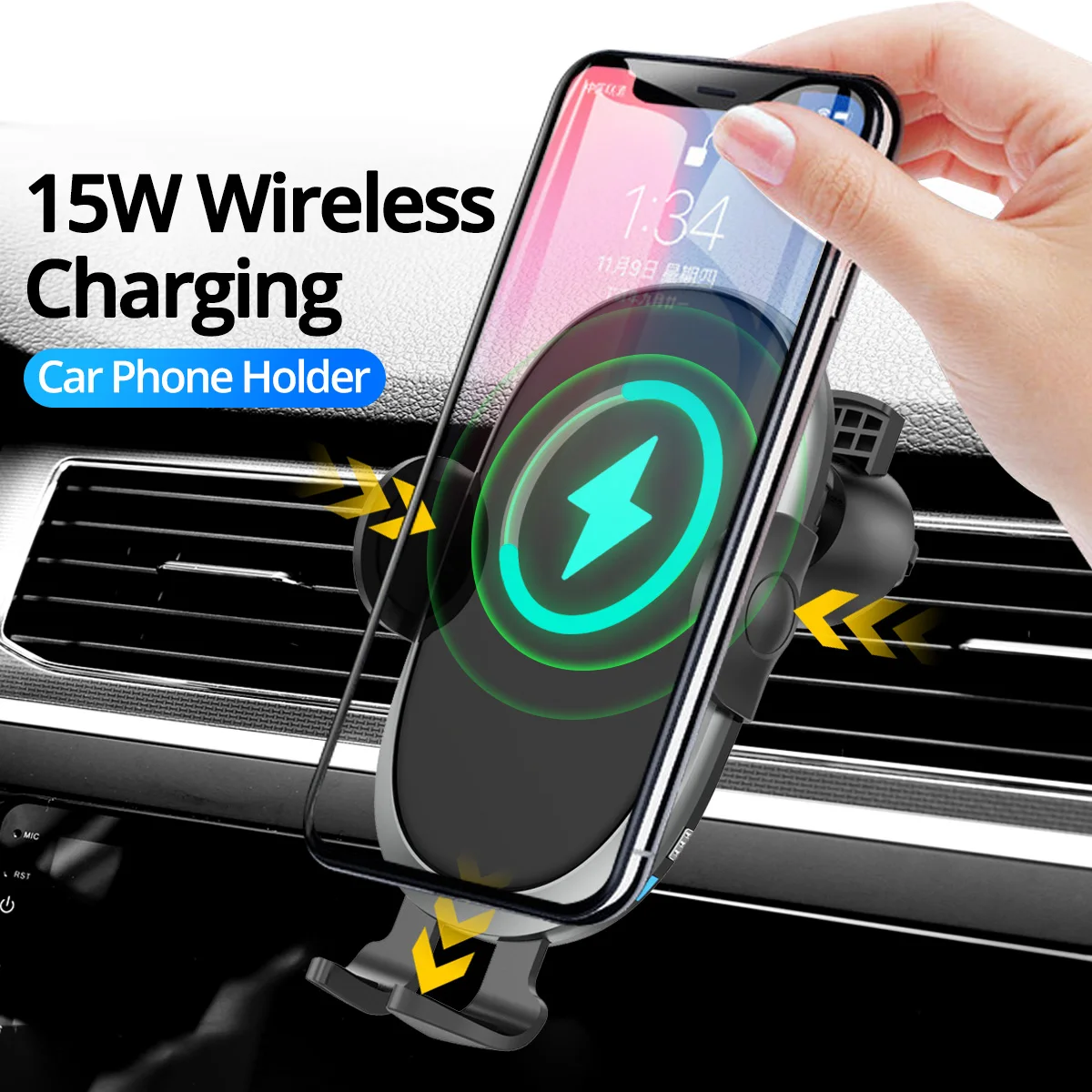 

Wireless Car Charger 15W Qi Fast Charging Automatic Clamping Mount Air Vent Phone Holder for iPhone 12 11 XS X 8 Samsung S21 S20