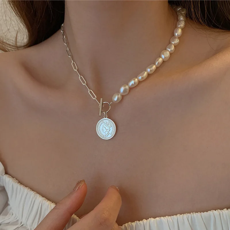 

French Vintage Natural Freshwater Pearl COINS Necklace Women New Trend Baroque OT Buckle Pendant Clavicle Chain Jewelry Gift