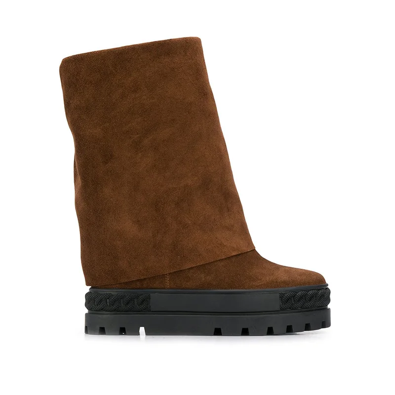 

INS woman brown suede leather round toe high wedge heel platform ridged sole folded boots