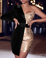 women sexy one shoulder pactwork dress long sleeve party dress sexy bodycon sequin solid elegant dresses