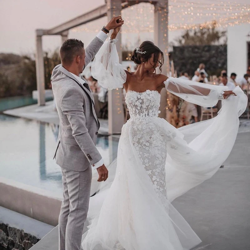 

Luxury Mermaid Wedding Dresses Lace 3d Flower With Boat Neck Full Sleeve Tulle 2 In 1 Wedding Gown Back Lace Up Plus Size Train