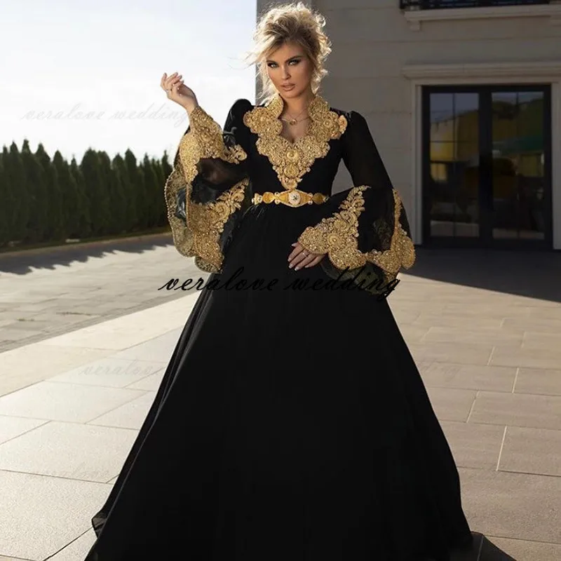 

Long Sleeve Gold Appliqued Prom Dress Vestidos De Novia Traditional Kosovo Black Evening Party Dresses For Women 2021