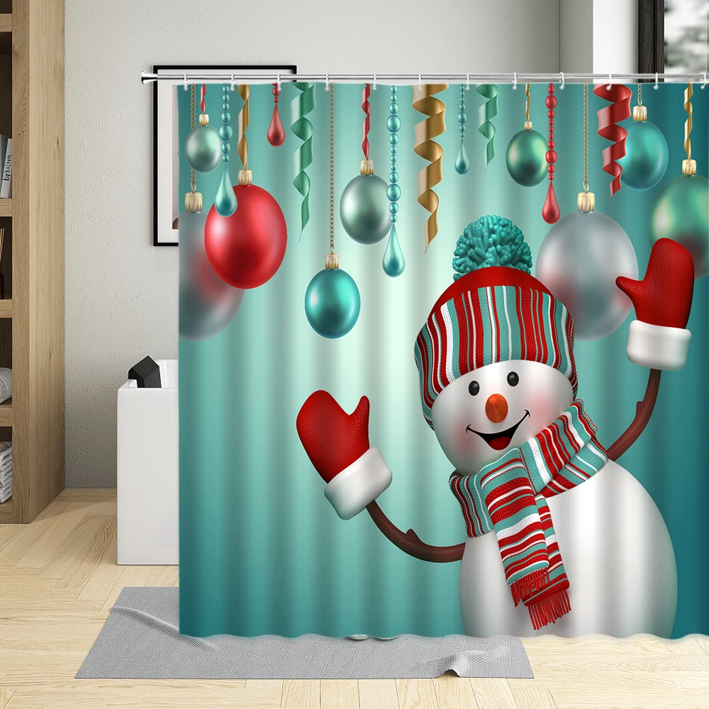 

Merry Christmas Shower Curtain Set With Hook 3D Snowman Christmas Decorate Ball Green Pattern Bathroom Curtains Polyester Cloth