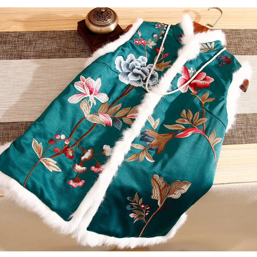 High-end New Autumn Women Cotton Vest Top Stitching Rabbit Hair Chinese Style Retro Embroidery Elegant Lady Sleeveless Vest