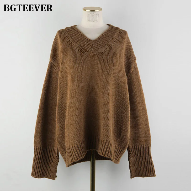 2020 New Autumn V-neck Knitted Female Pullover Casual Tops Split Sleeve Women Sweater Loose Warm Jumpers Outerwear | Женская одежда